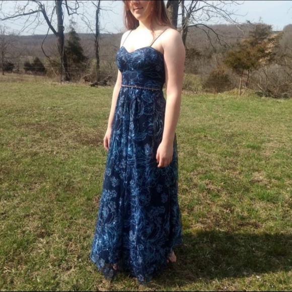 Jackie Jon New York Blue Glitter Prom Dress Size 9 - Picture 2 of 7